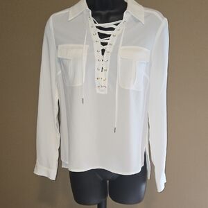 bebe White Lace-Up Blouse